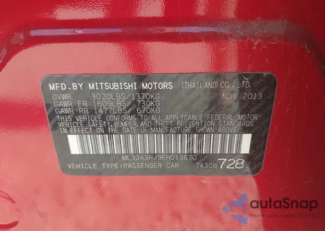 2014 Mitsubishi Mirage De from USA, damaged, VIN ML32A3HJ9EH013670